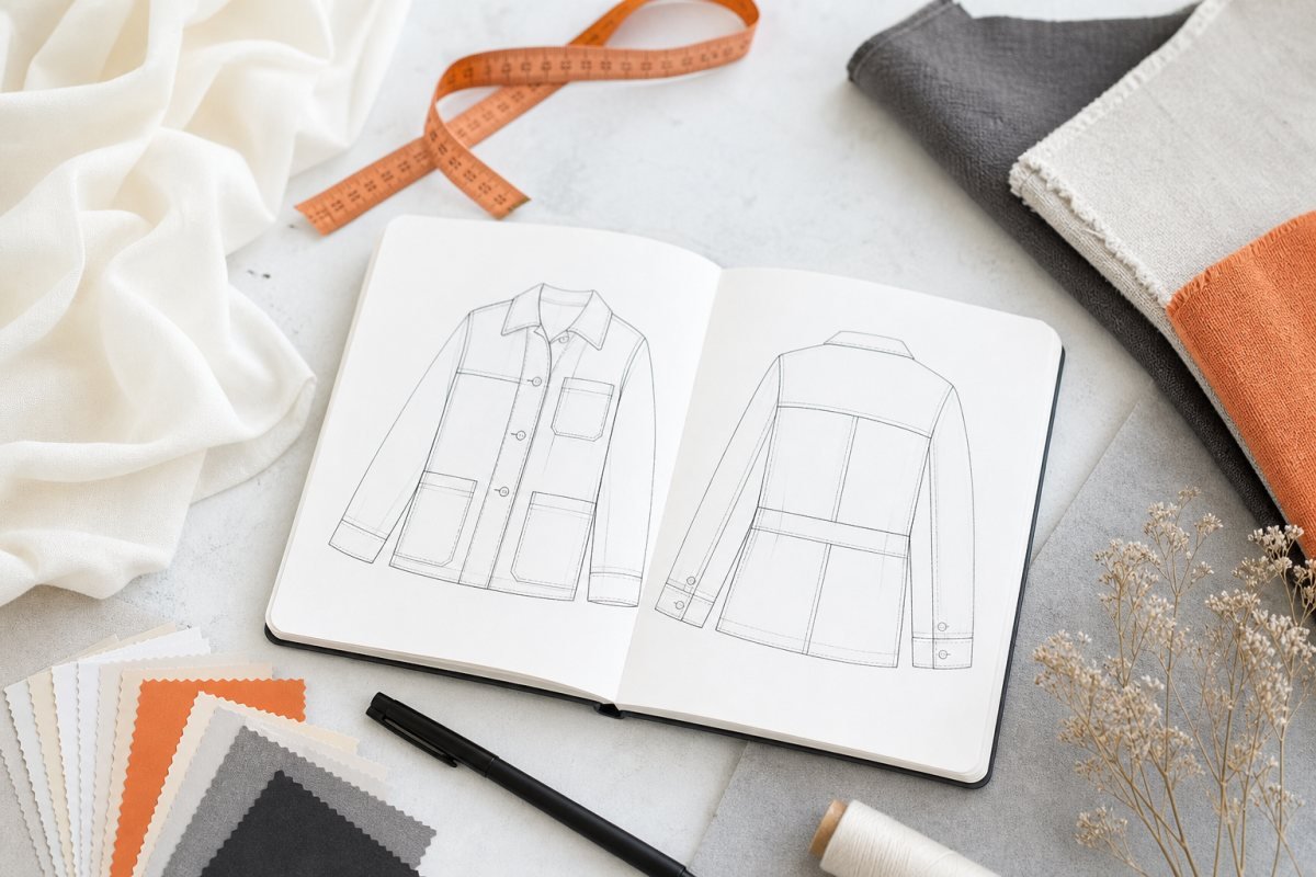 Tech pack sketches, measuring tape and fabric swatches on a bright design table