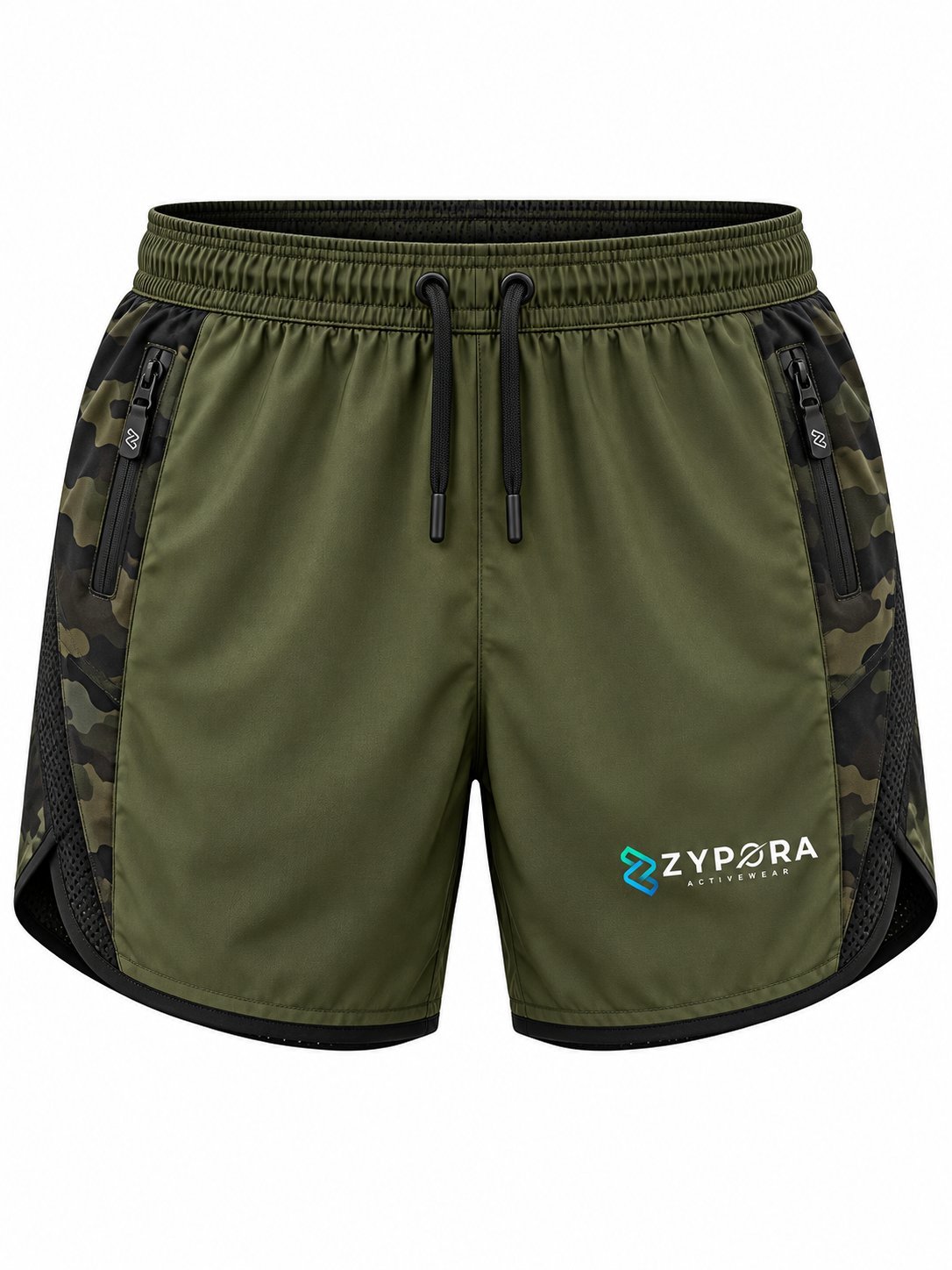 Running Shorts — Olive Camo Side by Zypora Activewear