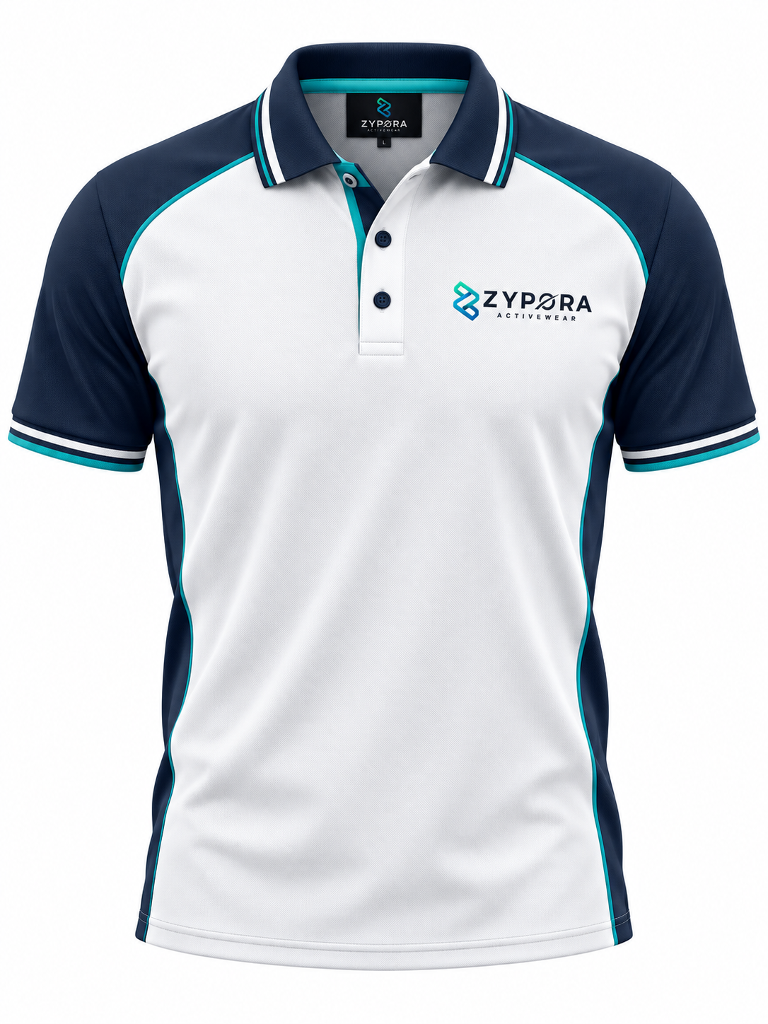 Custom Polo Shirt - White Navy Teal Panel by Zypora Activewear