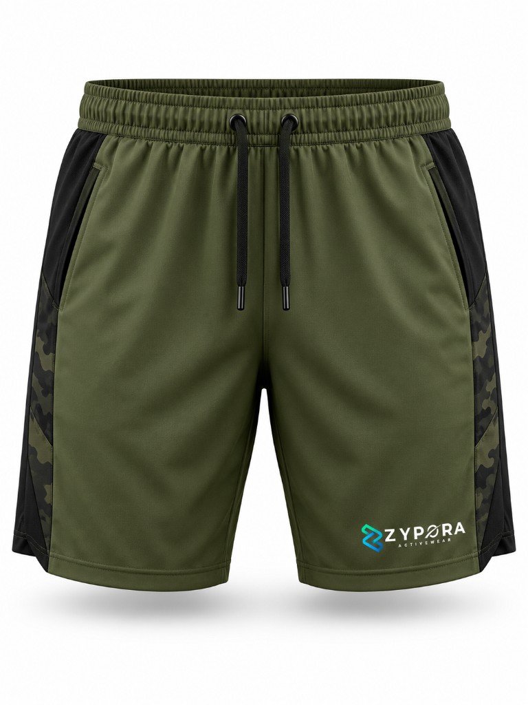 Performance Gym Shorts — Olive / Camo Panel by Zypora Activewear