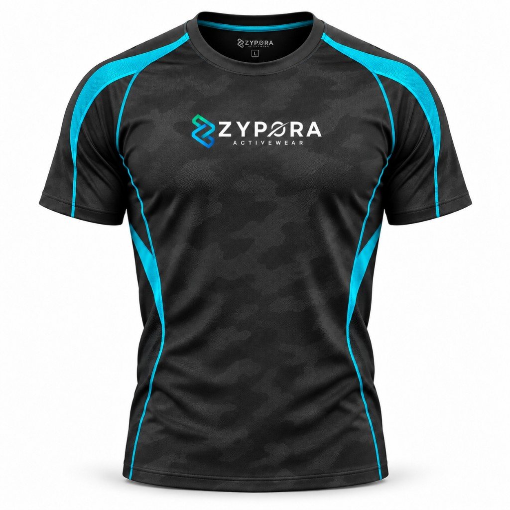 Performance Gym Tee — Black Camo / Cyan by Zypora Activewear