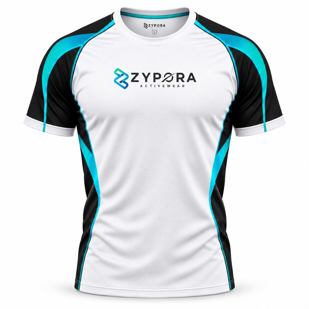 Performance Gym Tee — White / Black / Cyan by Zypora Activewear